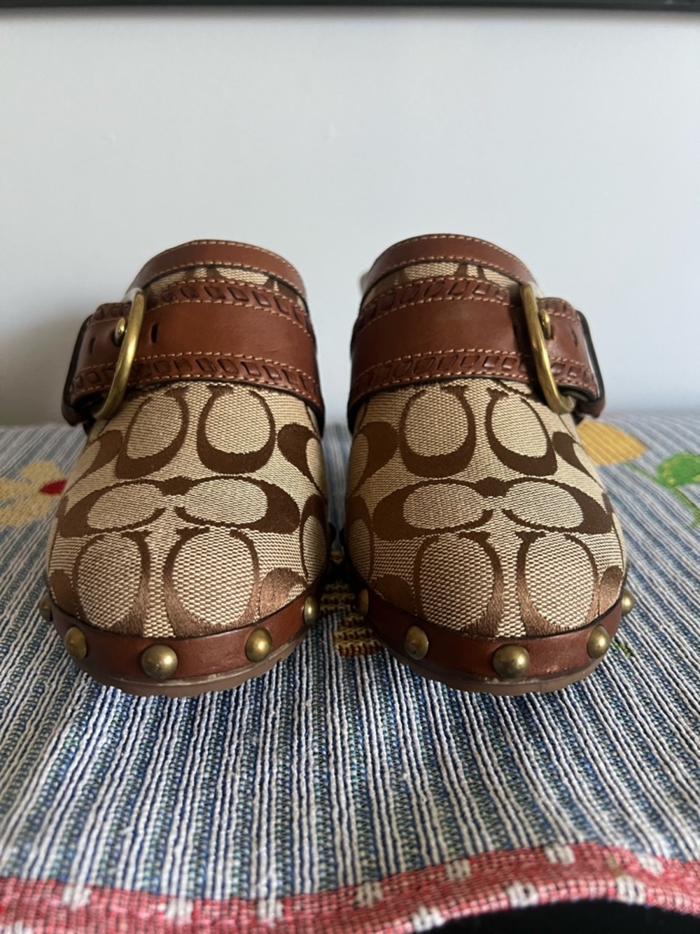 Coach Tan and Brown Signature Clog Mules with Brass Buckle 7.5 - Picture 3 of 11